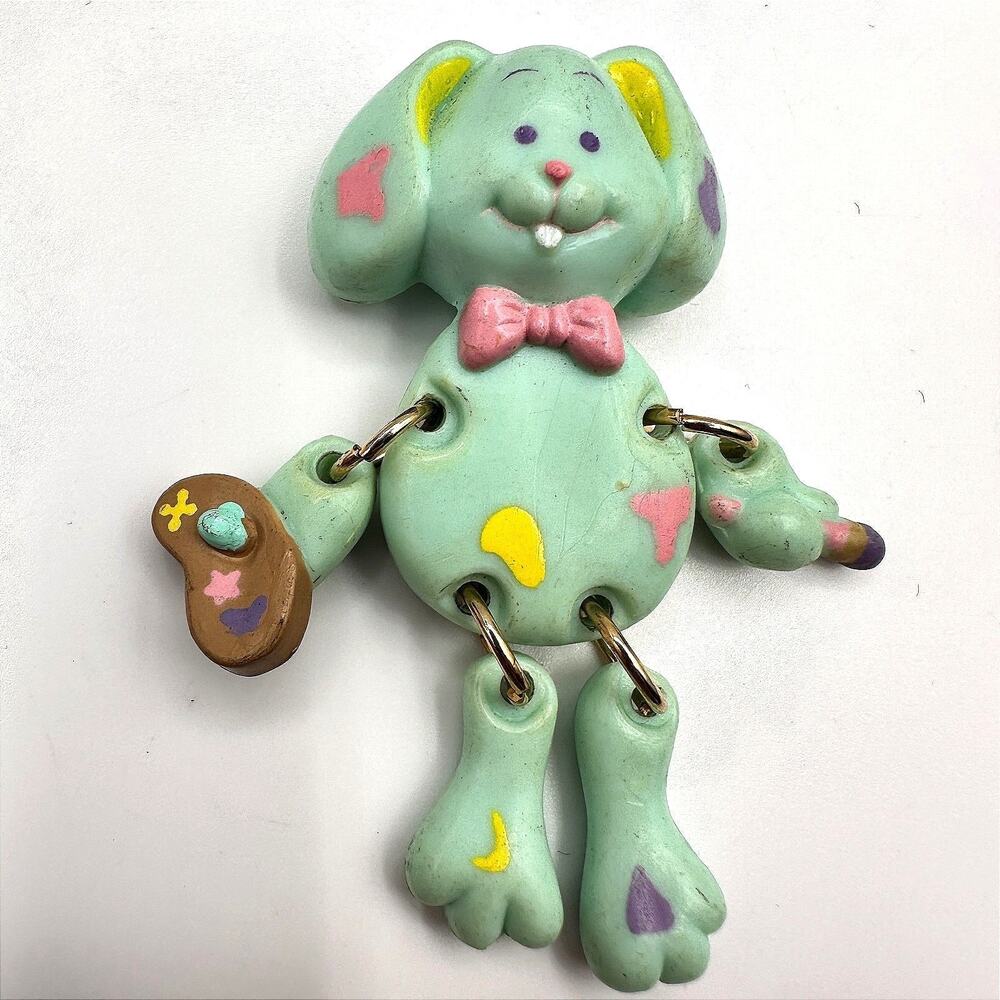 Vintage 80s Russ Barrie Dangle Pastel Bunny Artist Pin Brooch Movable Jewelry